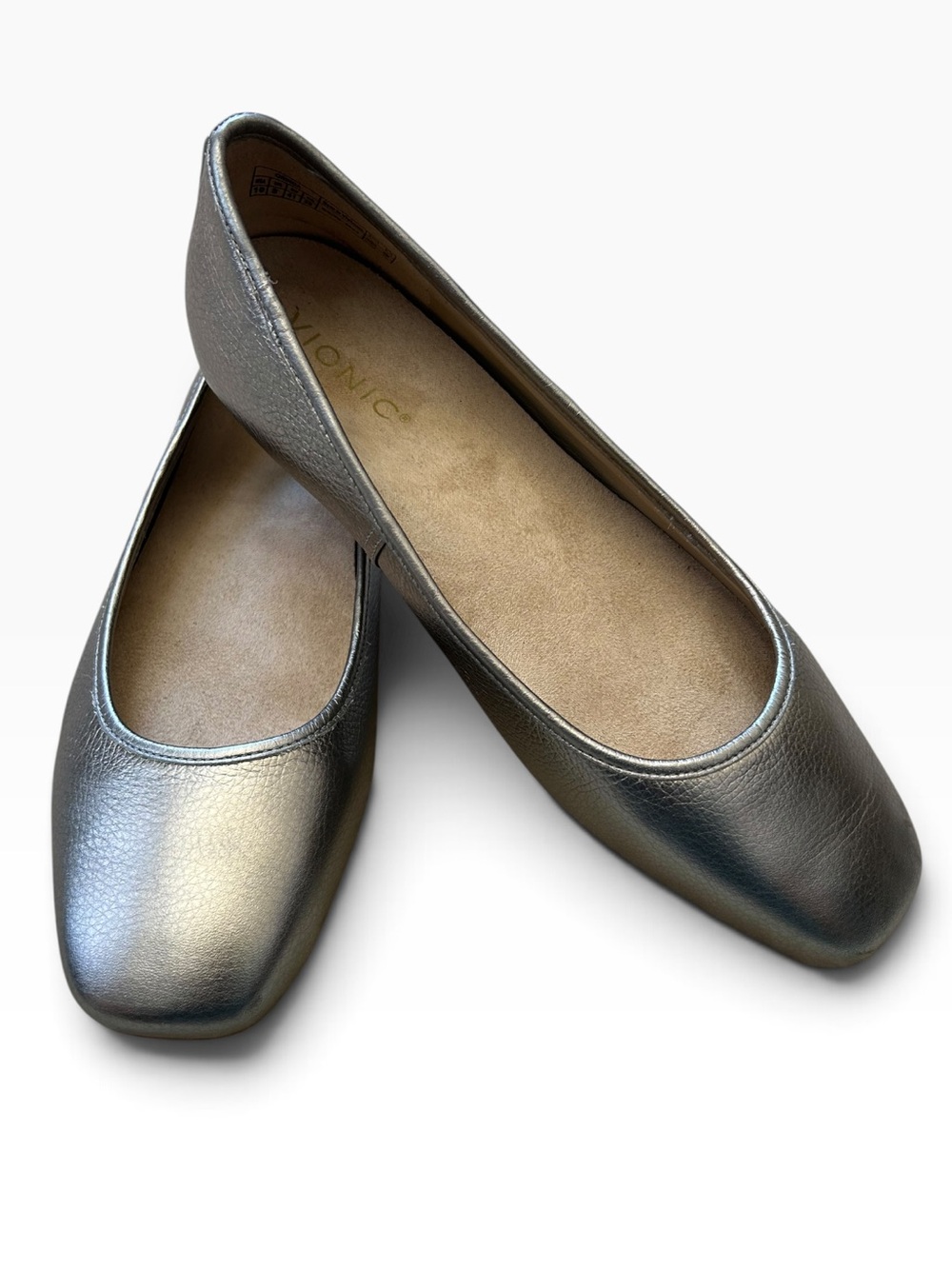 VIONIC Orinda Square Toe Ballet Flats Metallic Pewter Silver Leather Size 10